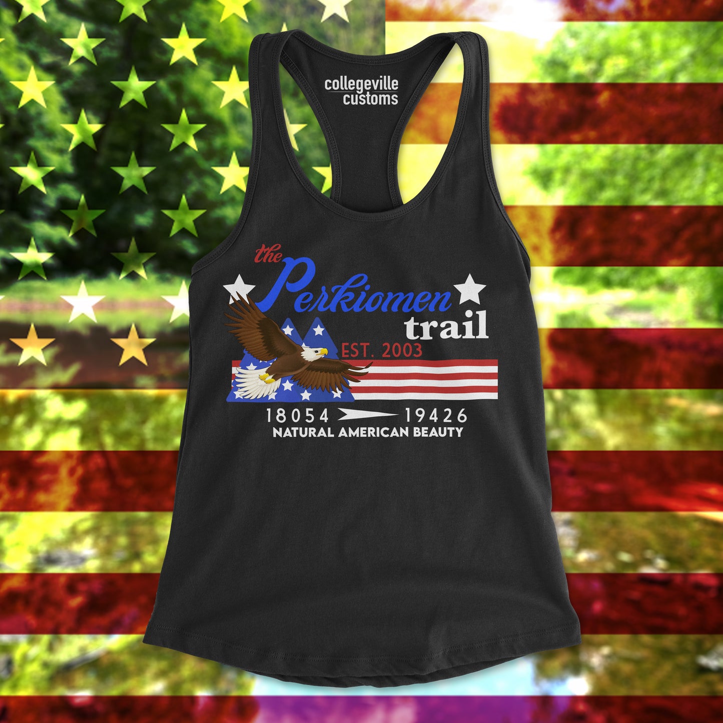 Women's Fourth of July Patriotic Perkiomen Trail Racerback Tank Top